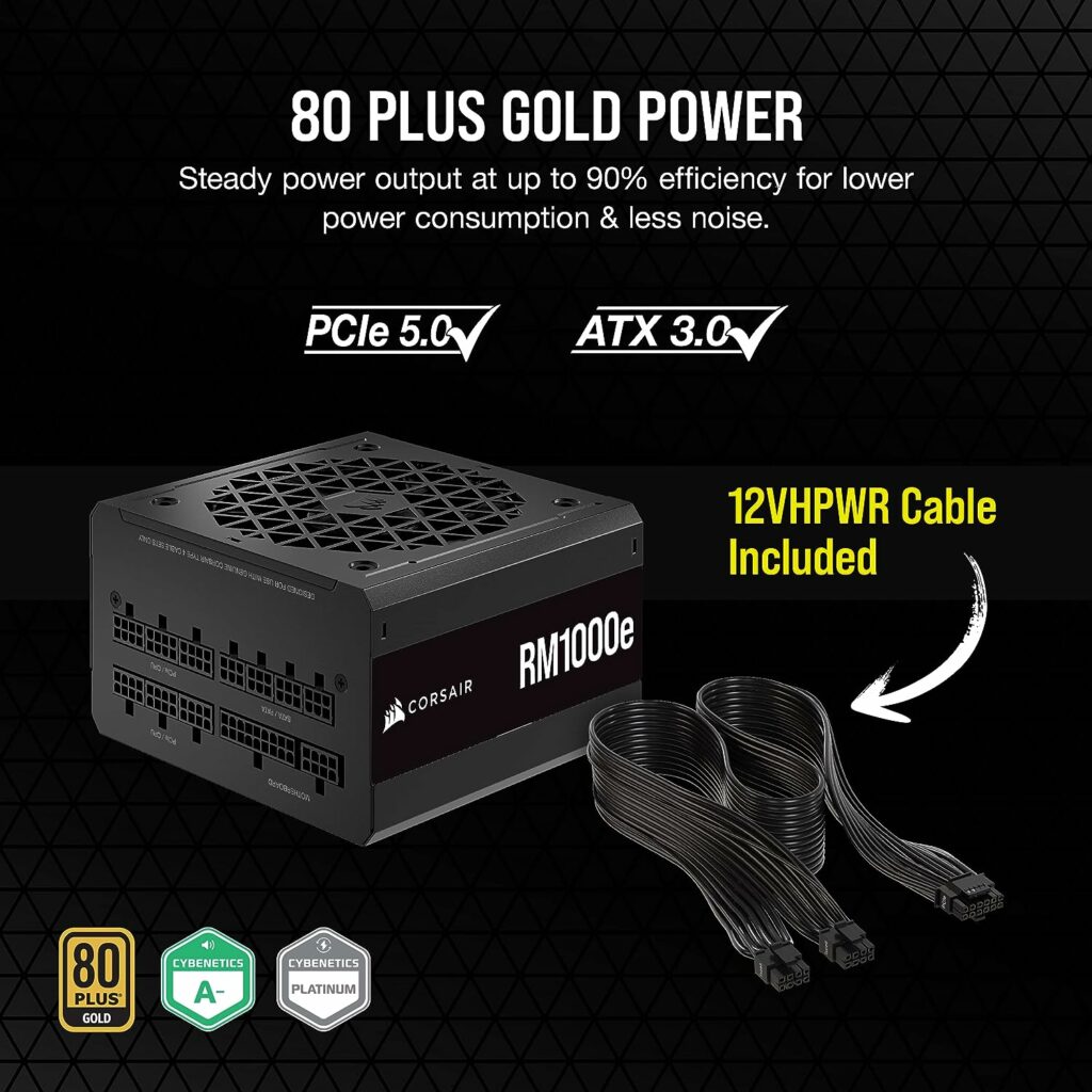 Corsair RM1000e (2023) Fully Modular Low-Noise ATX Power Supply - ATX 3.0  PCIe 5.0 Compliant - 105°C-Rated Capacitors - 80 Plus Gold Efficiency - Modern Standby Support - Black