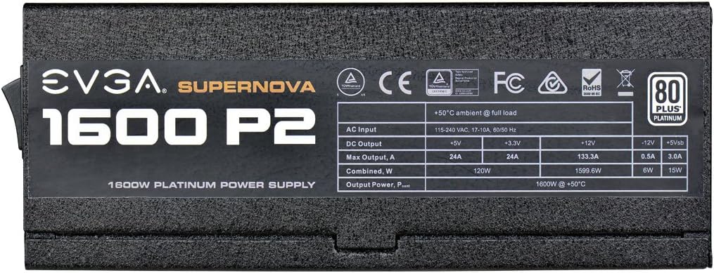 EVGA SuperNOVA 1600 P2 80+ PLATINUM, 1600W ECO Mode Fully Modular NVIDIA SLI and Crossfire Ready 10 Year Power Supply 220-P2-1600-X1