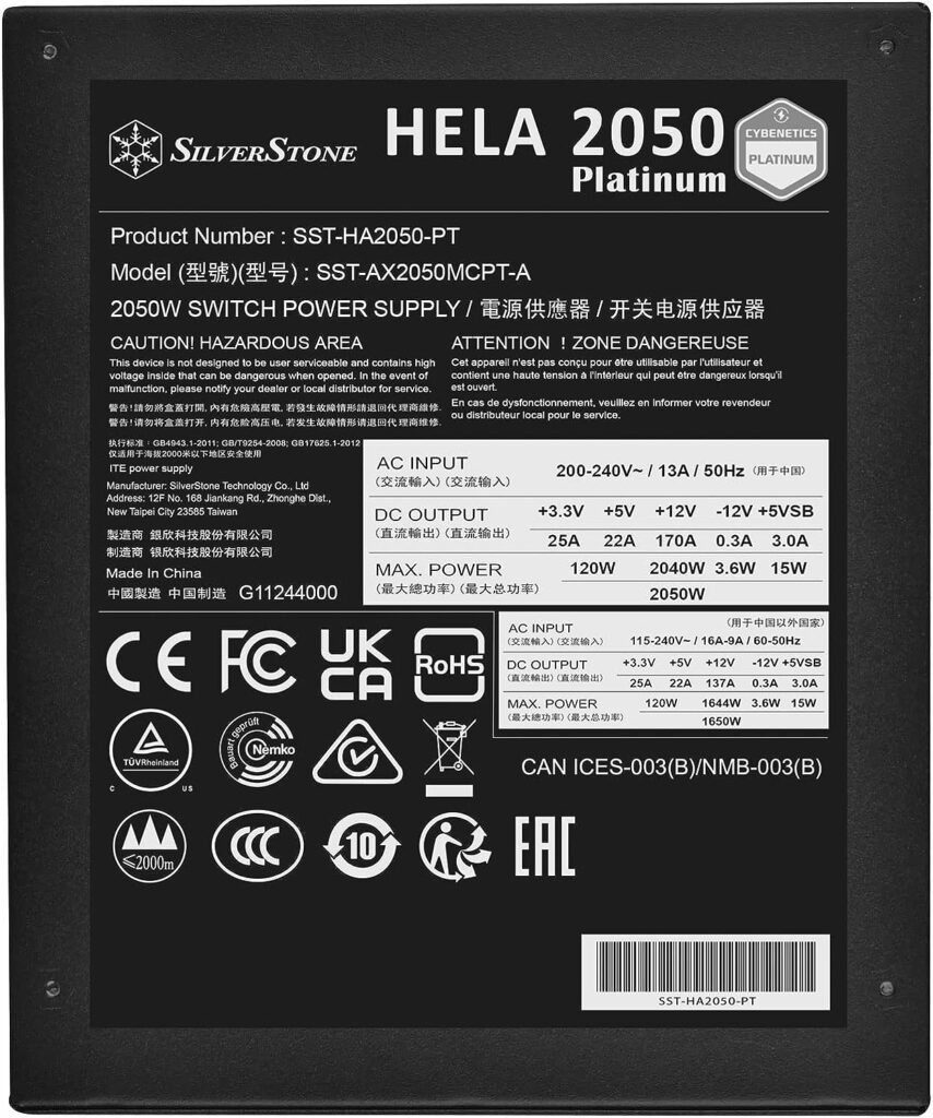 SilverStone Technology HELA 2050 Platinum, Cybenetics Platinum 2050W Fully Modular ATX Power Supply, SST-HA2050-PT