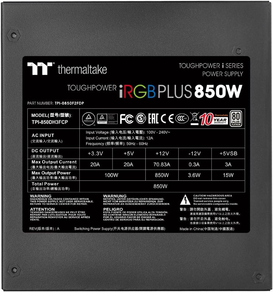 Thermaltake Toughpower iRGB Plus 850W 80+ Platinum Digital RGB LED Smart Zero Fan SLI/Crossfire Ready ATX12V v2.4 / SSI EPS v2.92 Power Supply 10 YR Warranty PS-TPI-0850F2FDPU-1