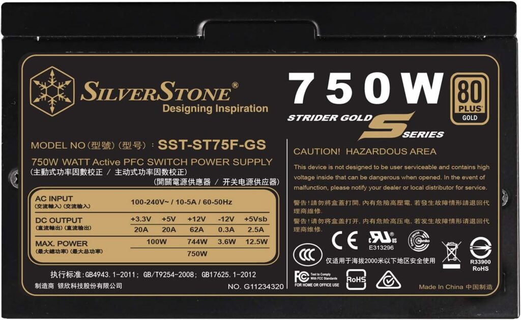 SilverStone Technology 750W Computer Power Supply PSU Fully Modular with 80 Plus Gold  140mm Design Power Supply (SST-ST75F-GS-V3)