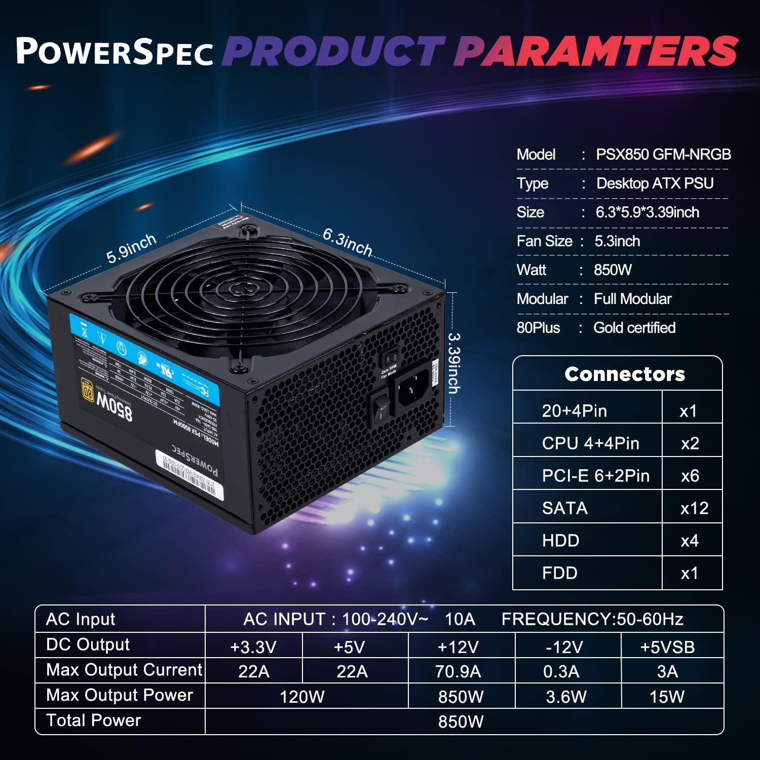 PowerSpec 850W Power Supply Fully Modular 80 Plus Gold SLI/Crossfire Ready ATX PC Power Supplies with RGB Lighting Fan, PSX 850GFM, 10 Year Warranty