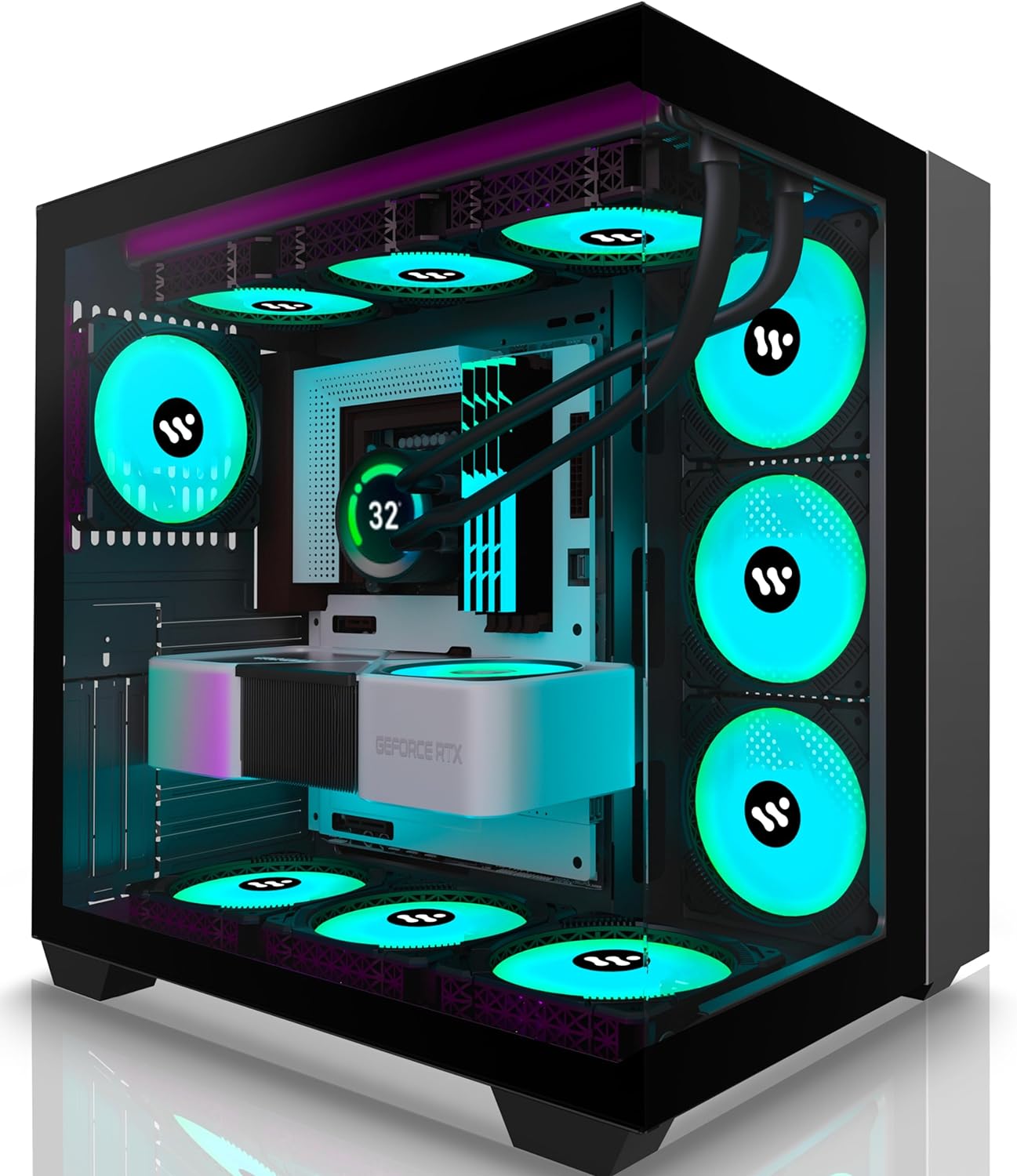 AMANSON PC Case Pre-Install 9 ARGB Fans,ATX Mid Tower Gaming Case with Double Tempered Glass 270° Full View Without Pillars Computer Cases Black (H06)