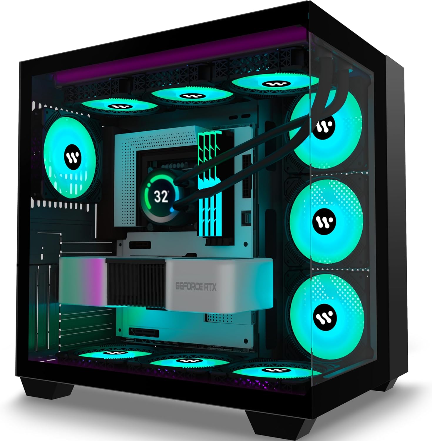 AMANSON PC Case Pre-Install 9 ARGB Fans,ATX Mid Tower Gaming Case with Double Tempered Glass 270° Full View Without Pillars Computer Cases Black (H06)