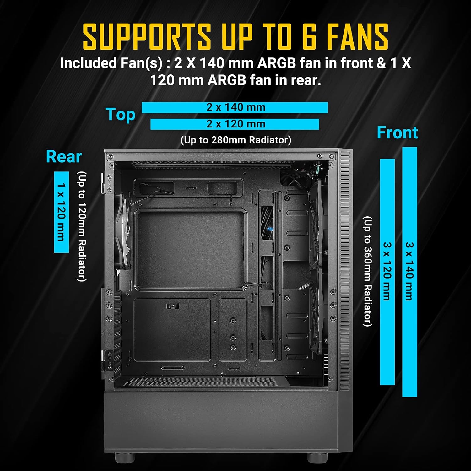 Antec NX410 ATX Mid-Tower Case, Tempered Glass Side Panel, Full Side View, Pre-Installed 2 x 140mm in Front  1 x 120 mm ARGB Fans in Rear, Black (9734087000)