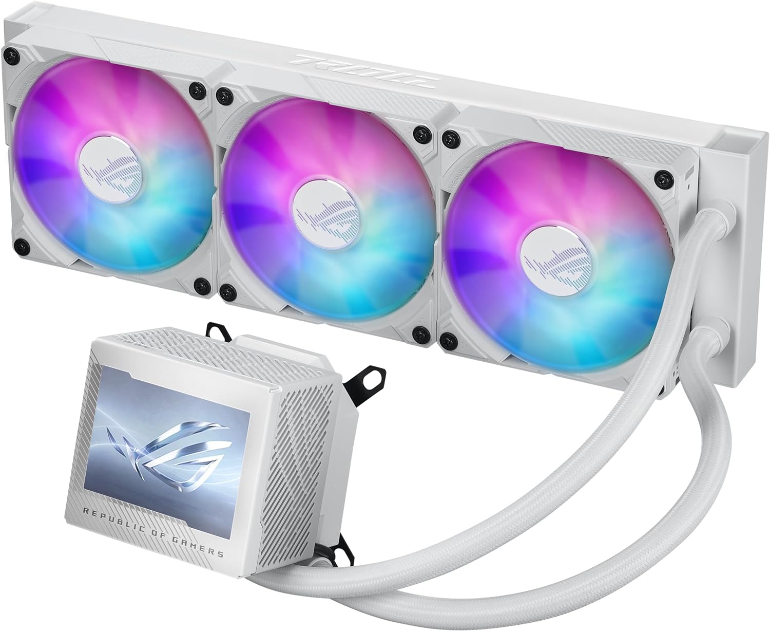 ASUS ROG Ryujin III 360 ARGB WHT All-in-one Liquid CPU Cooler with 360mm Radiator. Asetek 8th gen Pump, 3X Magnetic 120mm ARGB Fans (Daisy Chain Design), 3.5” LCD Display, White