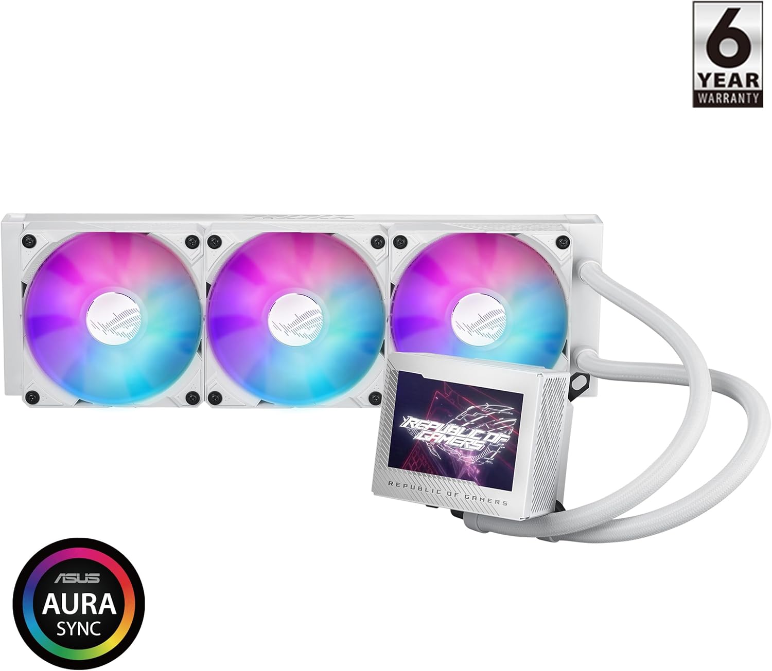 ASUS ROG Ryujin III 360 ARGB WHT All-in-one Liquid CPU Cooler with 360mm Radiator. Asetek 8th gen Pump, 3X Magnetic 120mm ARGB Fans (Daisy Chain Design), 3.5” LCD Display, White