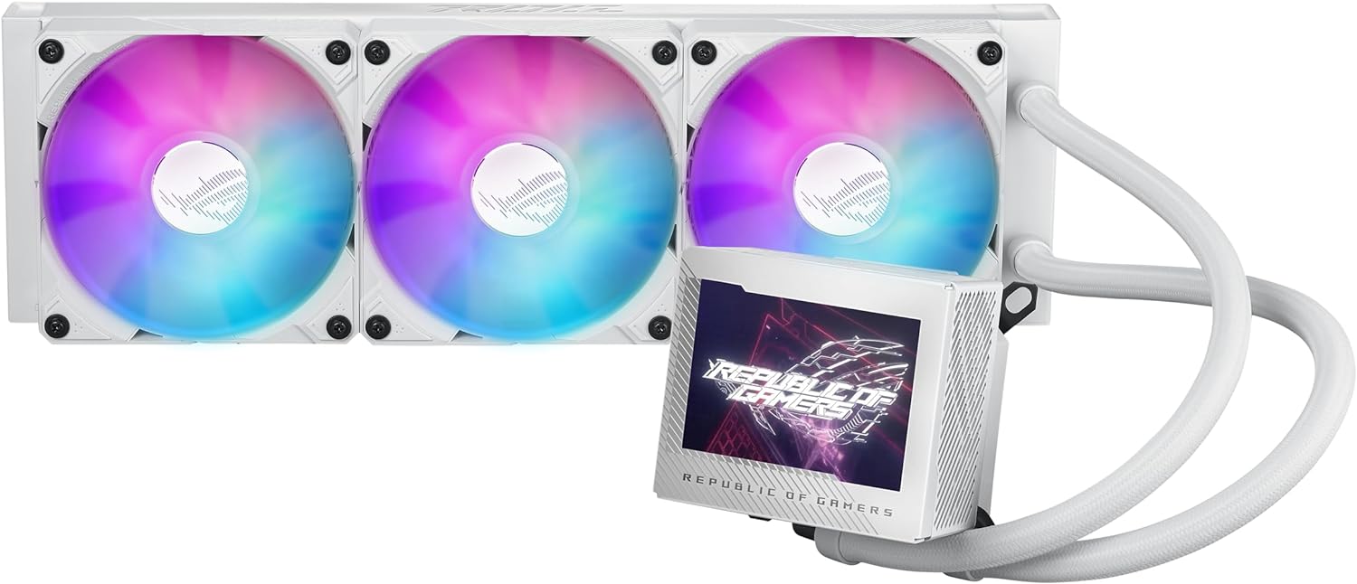 ASUS ROG Ryujin III 360 ARGB WHT All-in-one Liquid CPU Cooler with 360mm Radiator. Asetek 8th gen Pump, 3X Magnetic 120mm ARGB Fans (Daisy Chain Design), 3.5” LCD Display, White