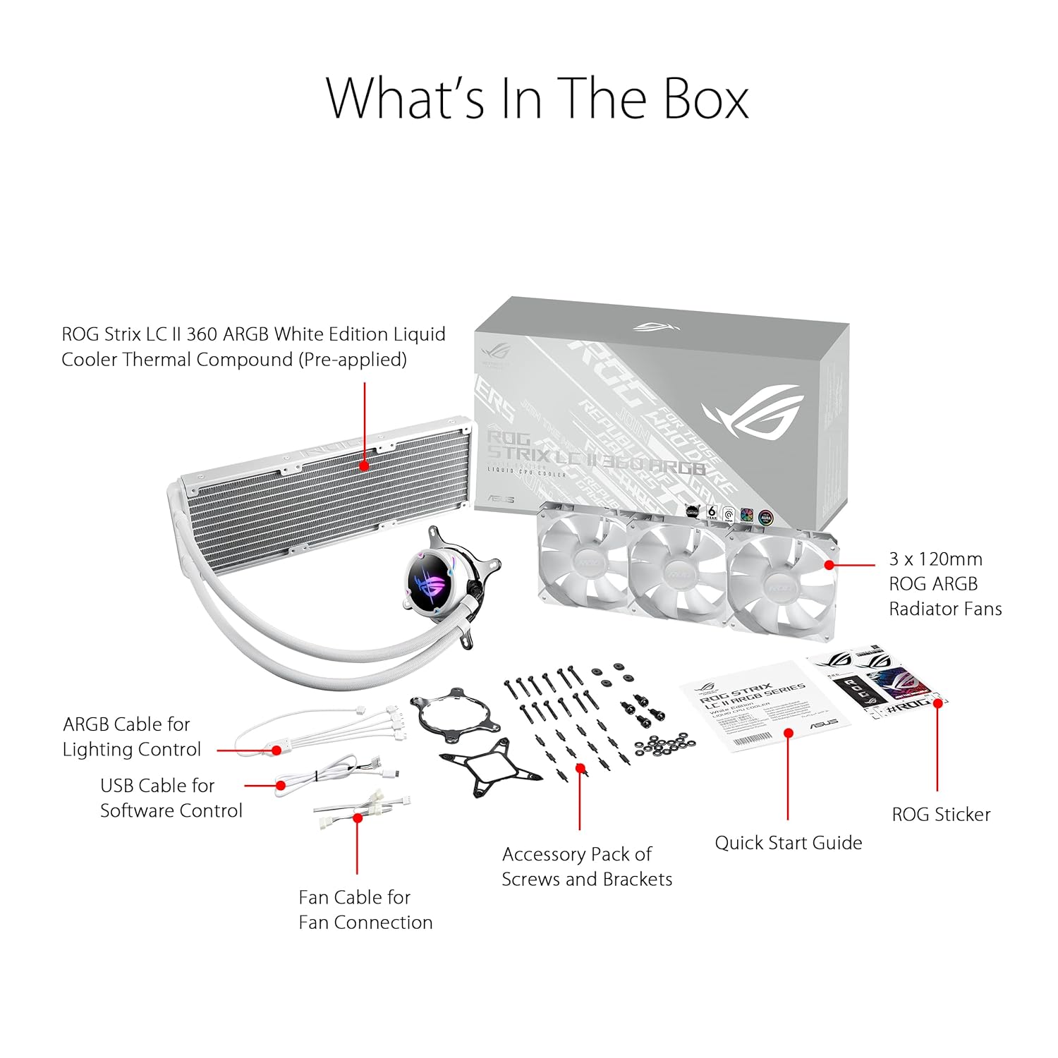 ASUS ROG Strix LC II 360 ARGB White Edition All-in-one AIO Liquid CPU Cooler 360mm Radiator, Intel LGA1700, 115x/2066 and AMD AM4/TR4 Support, Triple 120mm 4-pin PWM Addressable RGB Radiator Fans