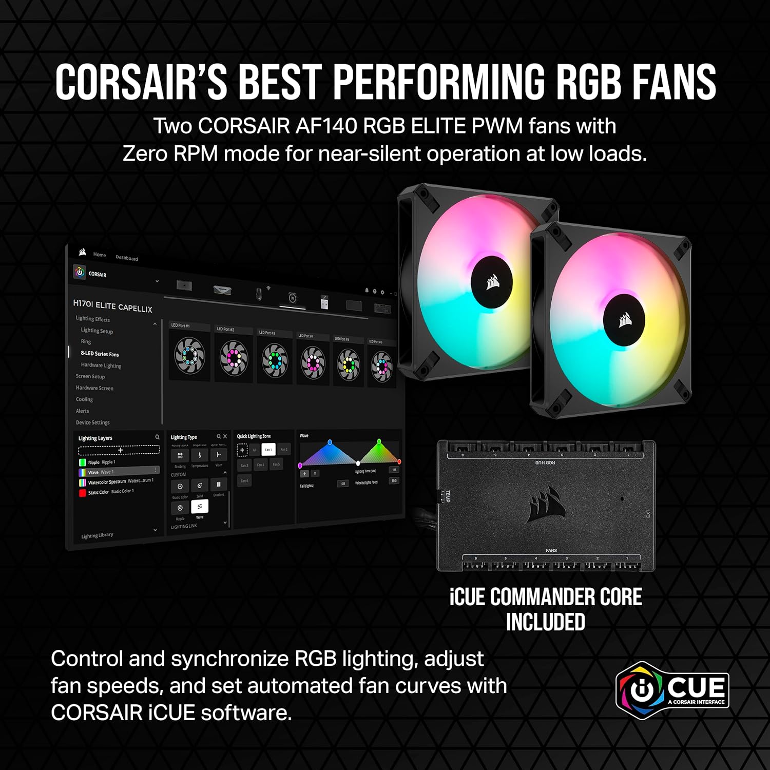 Corsair iCUE H100i Elite CAPELLIX XT Liquid CPU Cooler - Two AF120 RGB Elite Fans - 240mm Radiator - Intel® LGA 1700, 1200, 115X, 2066, AMD® AM5, AM4 - Included iCUE Commander CORE - Black