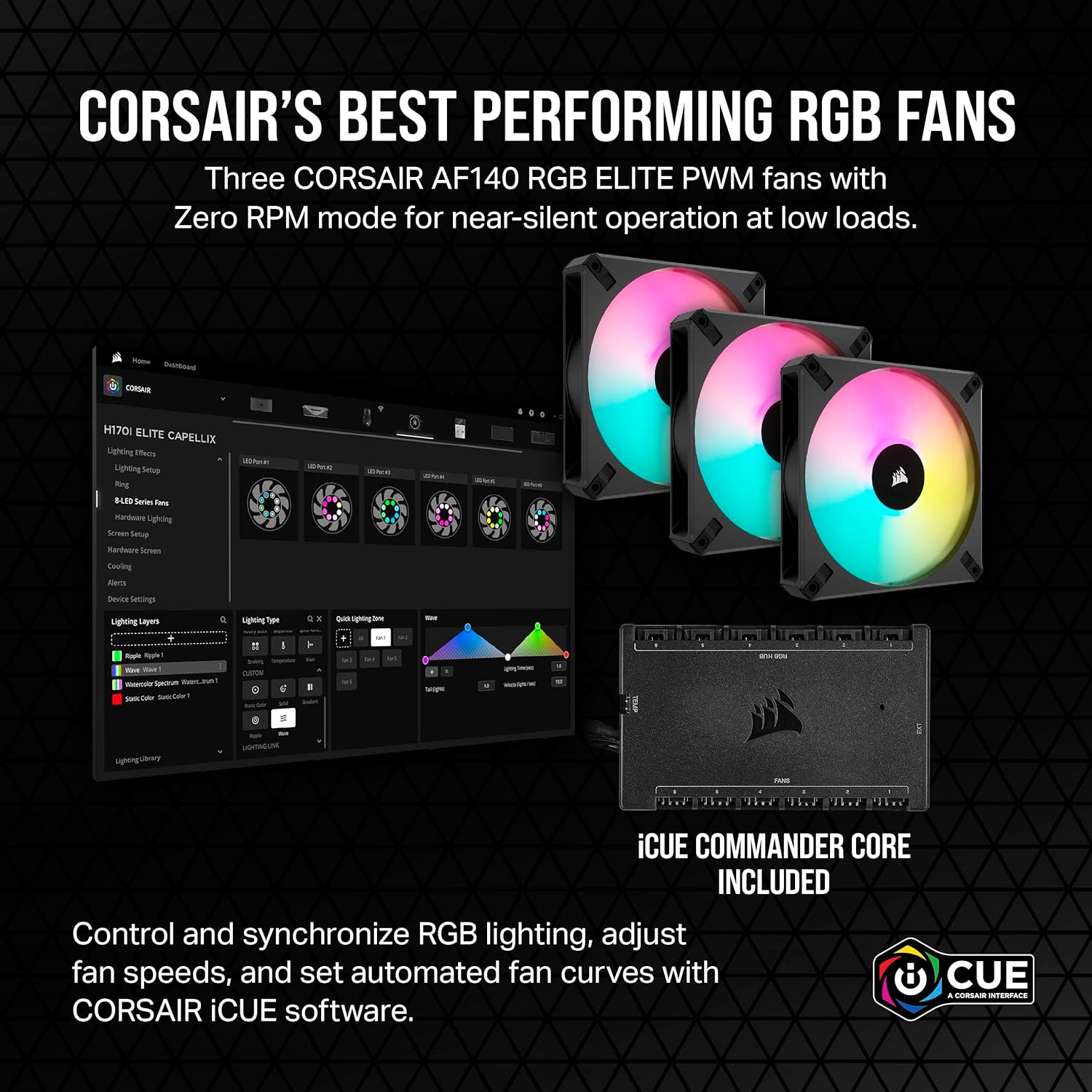 Corsair iCUE H100i Elite CAPELLIX XT Liquid CPU Cooler - Two AF120 RGB Elite Fans - 240mm Radiator - Intel® LGA 1700, 1200, 115X, 2066, AMD® AM5, AM4 - Included iCUE Commander CORE - Black