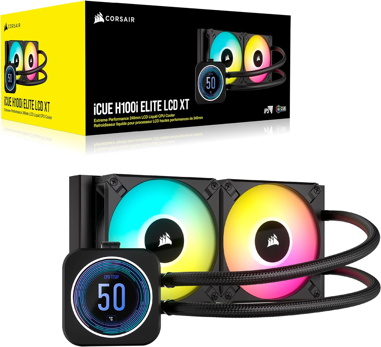 Corsair iCUE H100i Elite LCD XT Liquid CPU Cooler - IPS LCD Screen - Two AF120 RGB Elite Fans - 240mm Radiator - Fits Intel® LGA 1700, AMD® AM5, and More - Included iCUE Commander CORE - Black