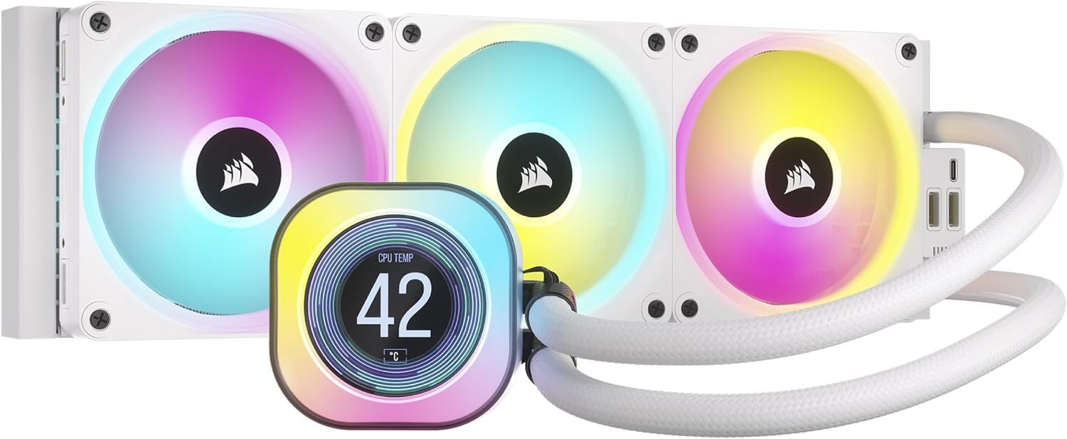 CORSAIR iCUE Link H150i LCD Liquid CPU Cooler - 360mm AIO - QX120 RGB Fans - 2.1” IPS LCD Screen - Fits Intel LGA 1700, AMD AM5 - iCUE Link System Hub Included - White