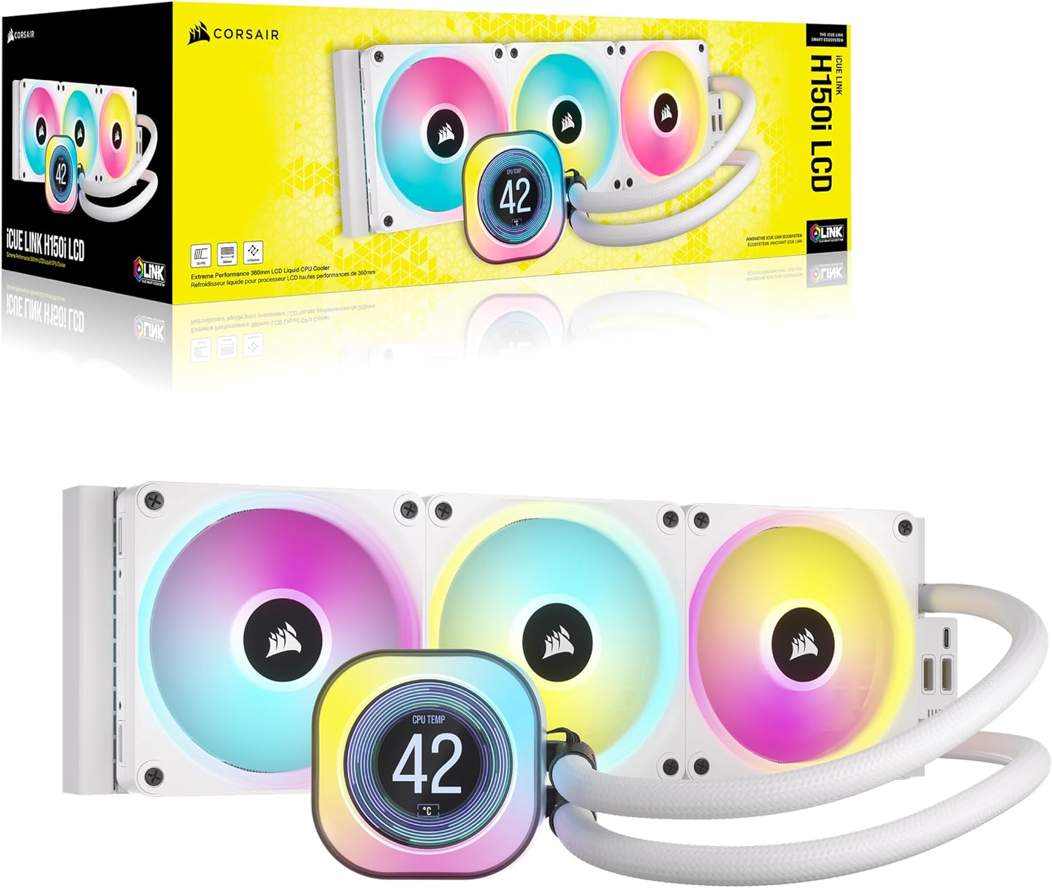CORSAIR iCUE Link H150i LCD Liquid CPU Cooler - 360mm AIO - QX120 RGB Fans - 2.1” IPS LCD Screen - Fits Intel LGA 1700, AMD AM5 - iCUE Link System Hub Included - White