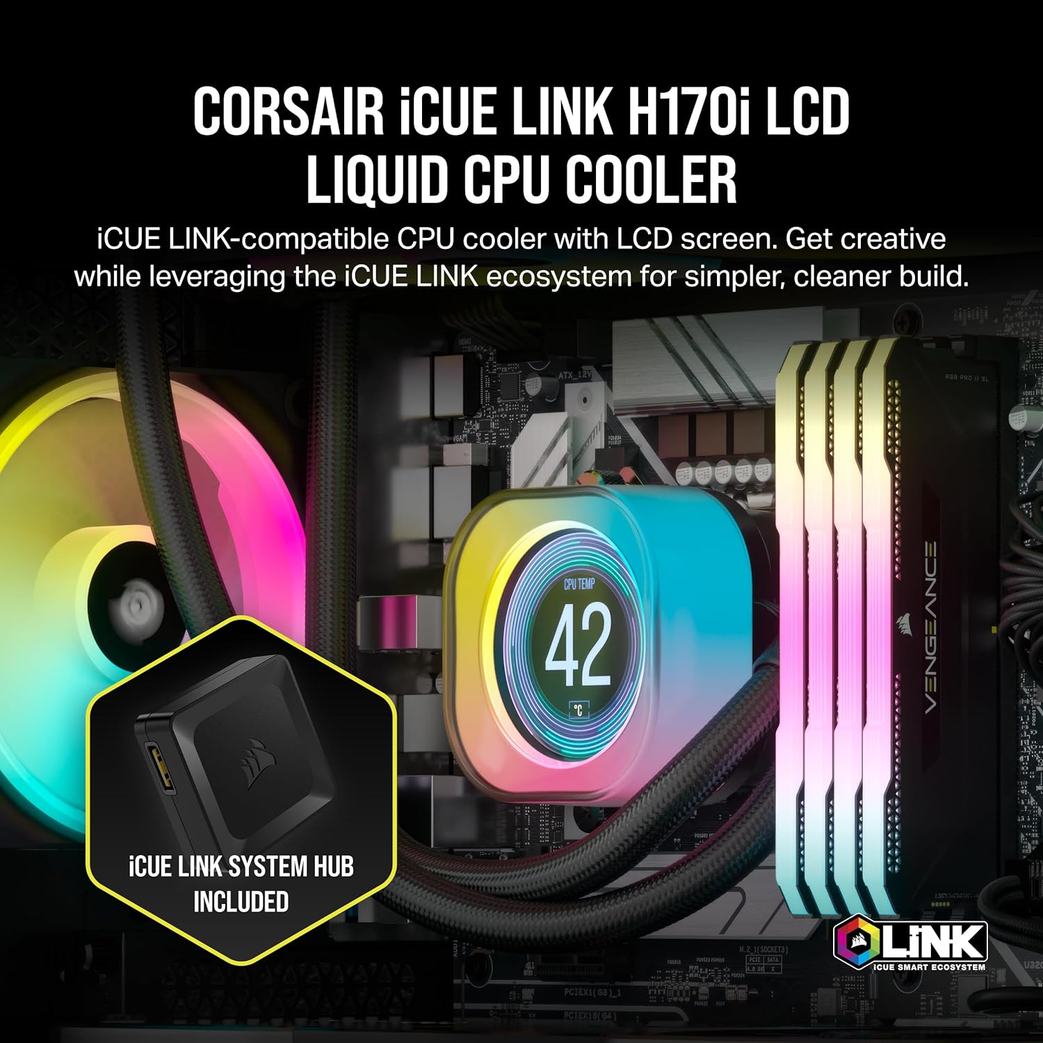CORSAIR iCUE Link H170i LCD Liquid CPU Cooler - 420mm AIO - QX140 RGB Fans - 2.1” IPS LCD Screen - Fits Intel LGA 1700, AMD AM5 - iCUE Link System Hub Included - Black