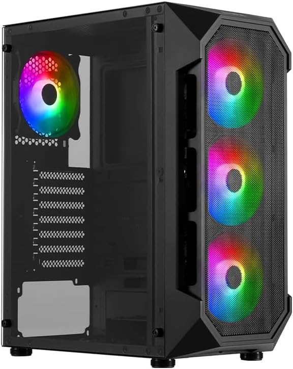 GAMDIAS ATX Mid Tower Gaming Computer PC Case with Side Tempered Glass, 4X 120mm ARGB Case Fans and Sync with 5V RGB Motherboard