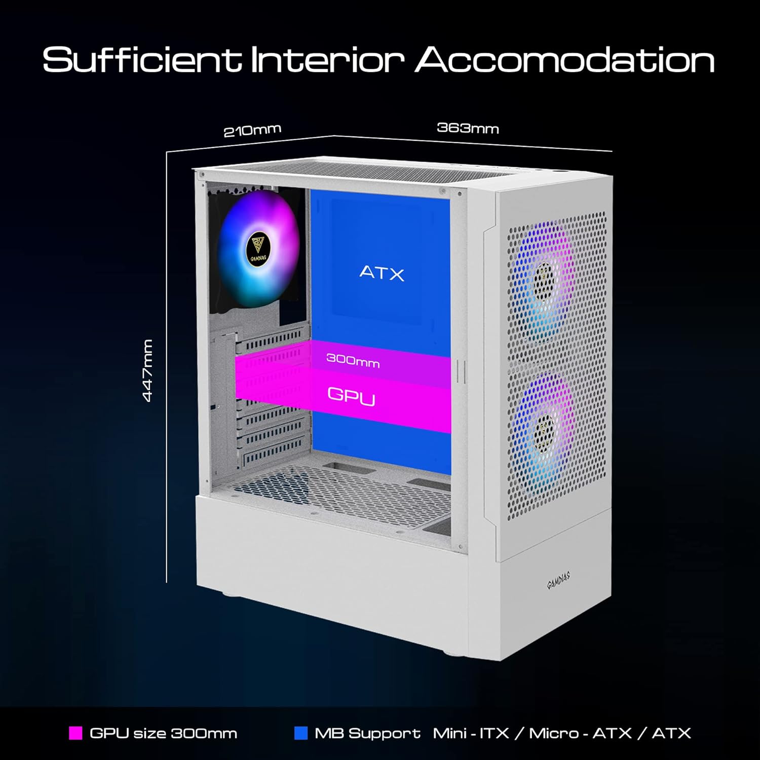 GAMDIAS ATX Mid Tower Gaming Computer PC Case with Side Tempered Glass, 4X 120mm ARGB Case Fans and Sync with 5V RGB Motherboard and Excellent Airflow