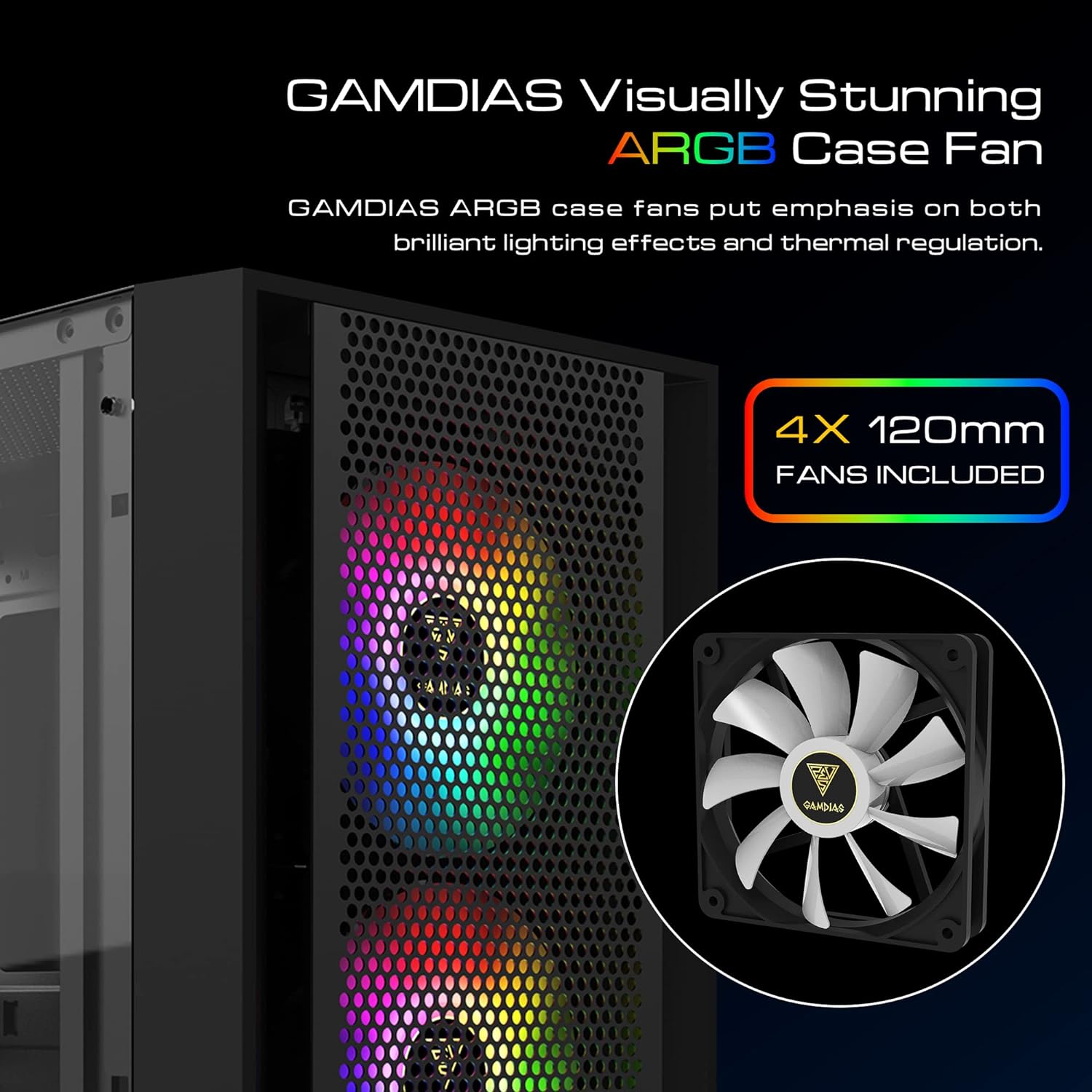 GAMDIAS White RGB Gaming ATX Mid Tower Computer PC Case with Side Tempered Glass Panel and a Magnetic Dust Filter  3 Built-in 120mm ARGB Fans