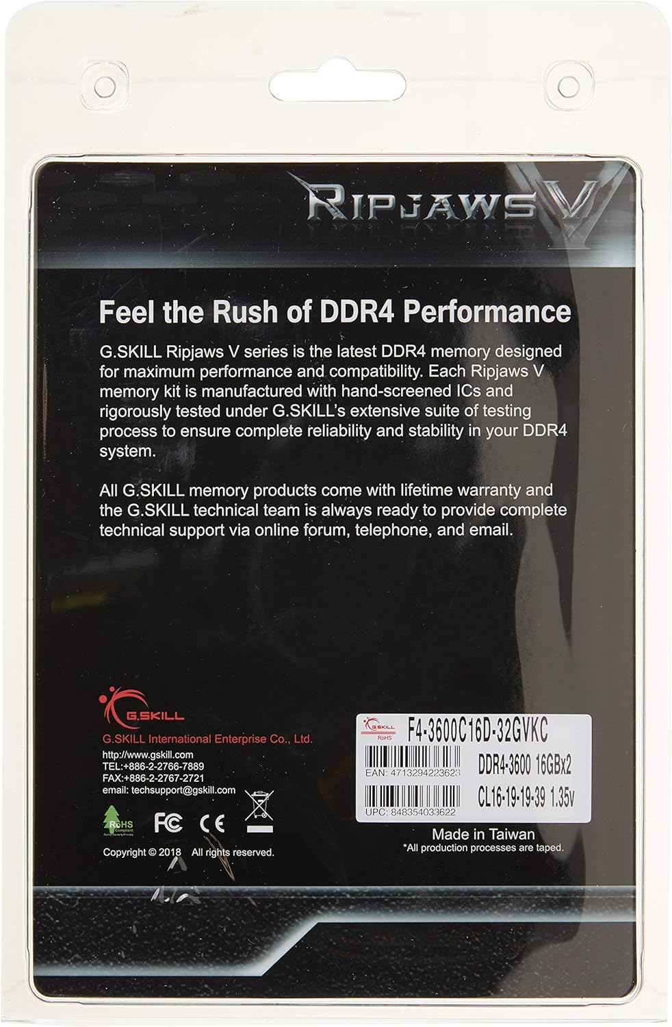 G.SKILL Ripjaws V Series (Intel XMP) DDR4 RAM 32GB (2x16GB) 3600MT/s CL16-19-19-39 1.35V Desktop Computer Memory UDIMM - Black (F4-3600C16D-32GVKC)