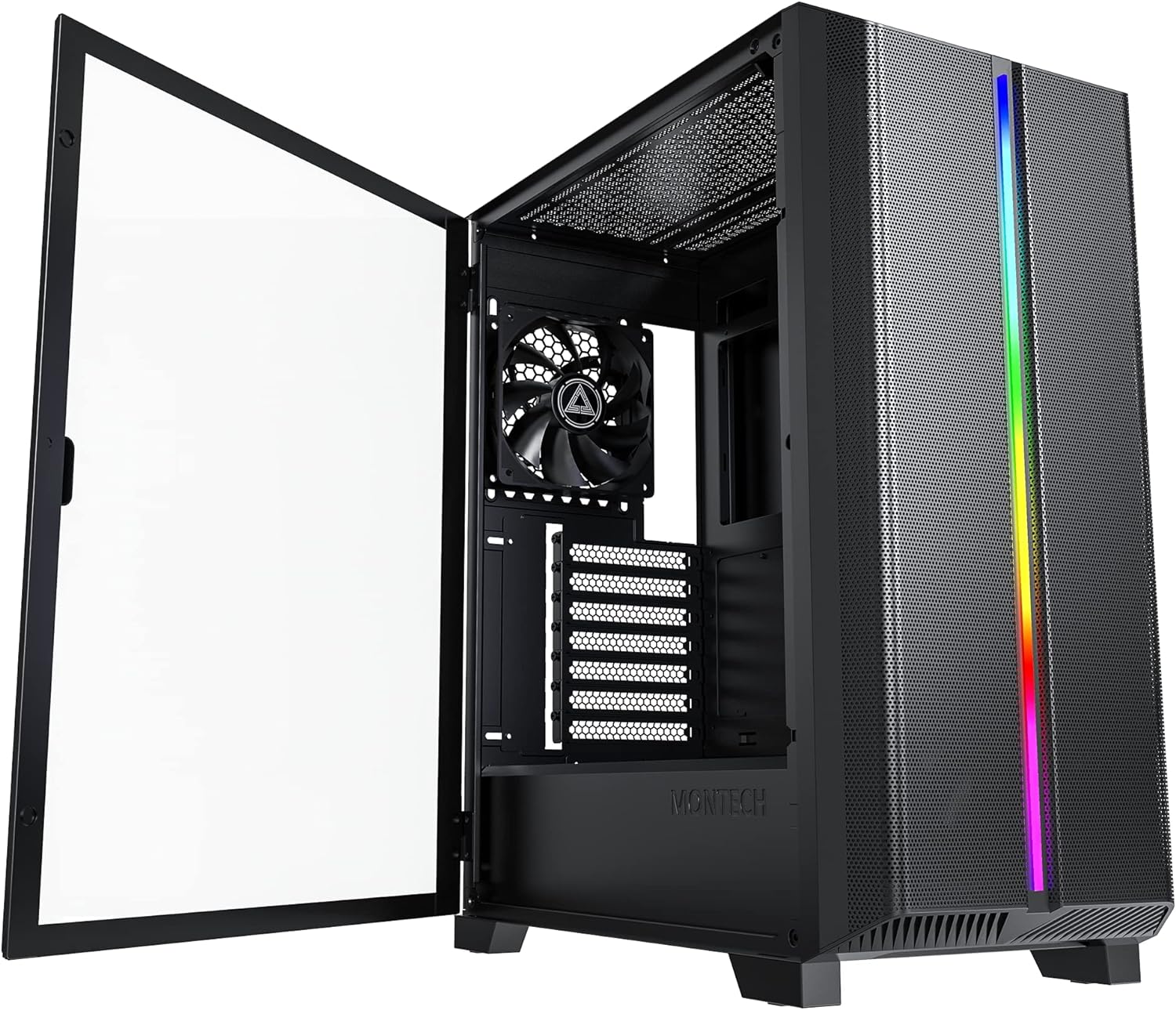 Montech AIR 100 ARGB Micro-ATX Tower with Four ARGB Fans Pre Installed, Ultra-Minimalist Design, Fine Mesh Front Panel, High Airflow, Unique Side Swivel Tempered Glass, Black