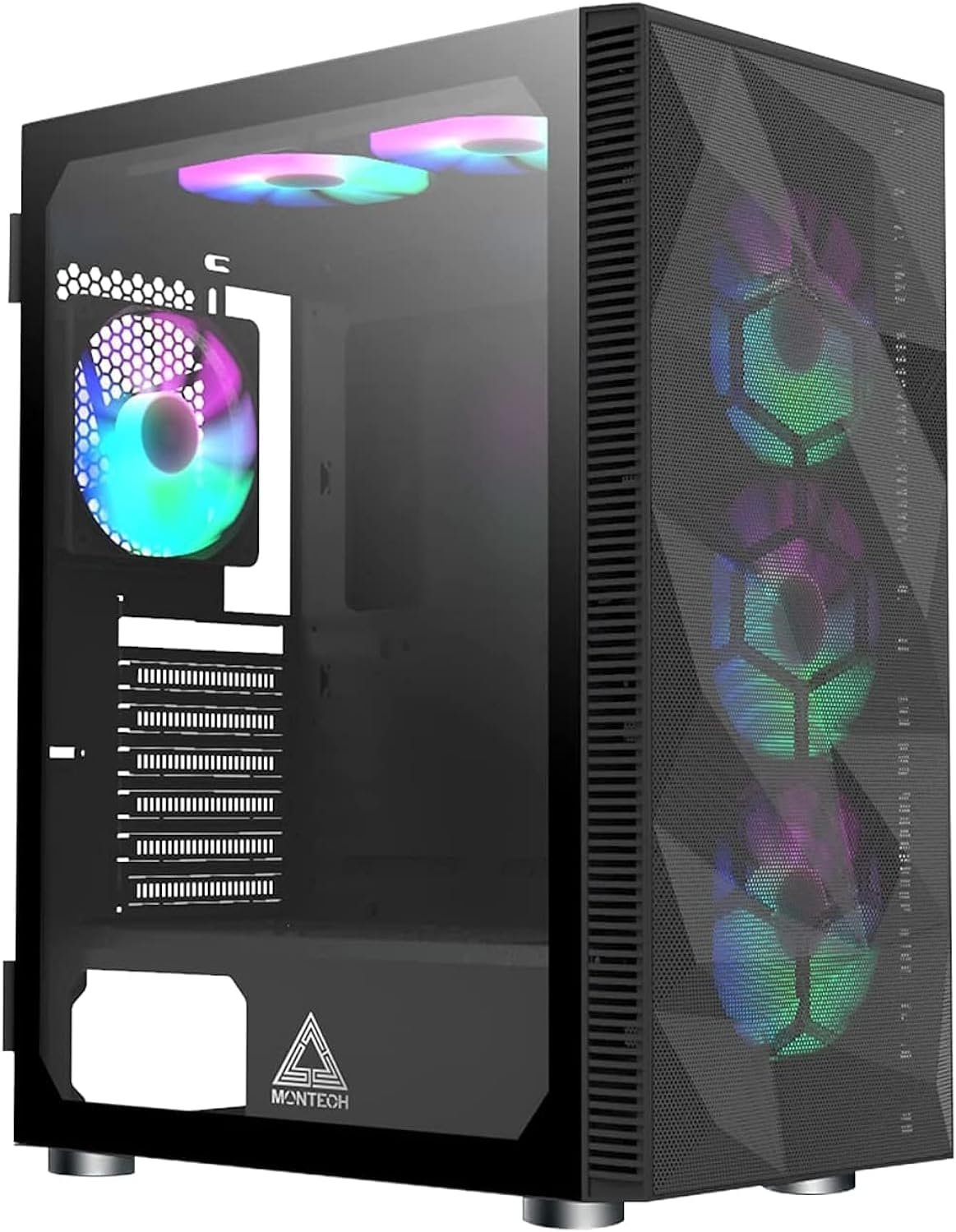 Montech X3 Mesh 6pcs, 3 x 140mm 3 x 120mm Fixed RGB Lighting Fans ATX Mid-Tower PC Gaming Case, USB3.0, Door Open Tempered Glass Side Panel, High Airflow, Black