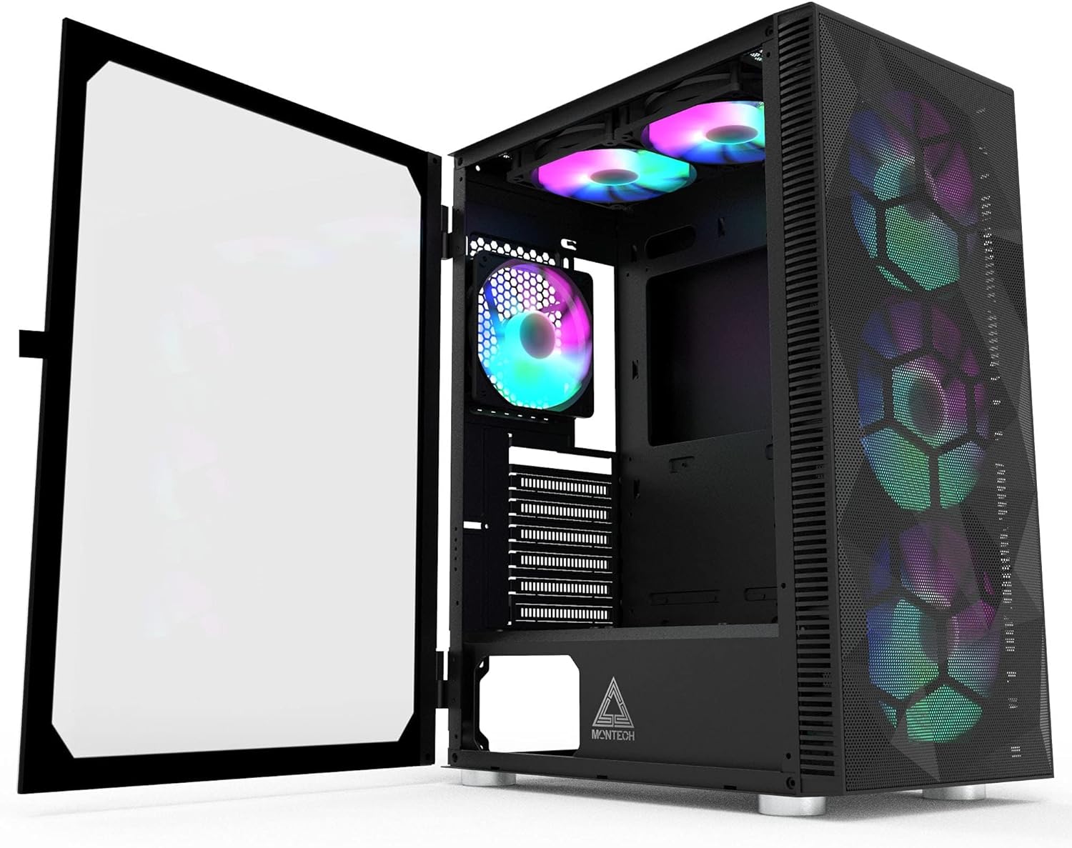 Montech X3 Mesh 6pcs, 3 x 140mm 3 x 120mm Fixed RGB Lighting Fans ATX Mid-Tower PC Gaming Case, USB3.0, Door Open Tempered Glass Side Panel, High Airflow, Black