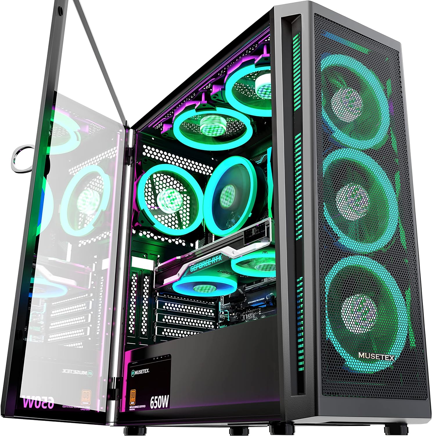MUSETEX ATX PC Case Pre-Install 6 PWM ARGB Fans, Mid Tower Gaming Case with Opening Tempered Glass Side Panel Door, Mesh Computer Case, TW8