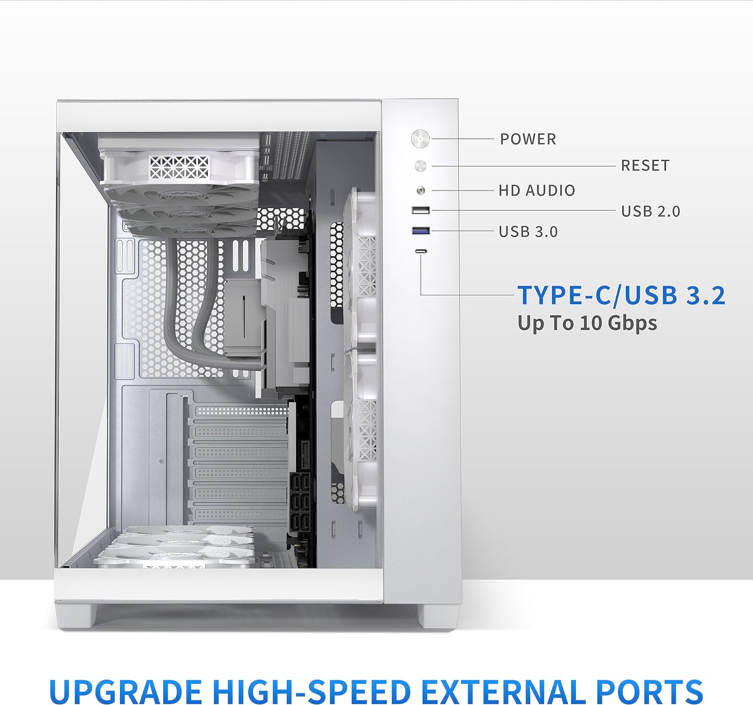 MUSETEX ATX PC Case,5 PWM ARGB Fans Pre-Installed,360MM RAD Support,Type-C Gaming 270° Full View Tempered Glass Mid Tower Pure White ATX Computer Case,Y6