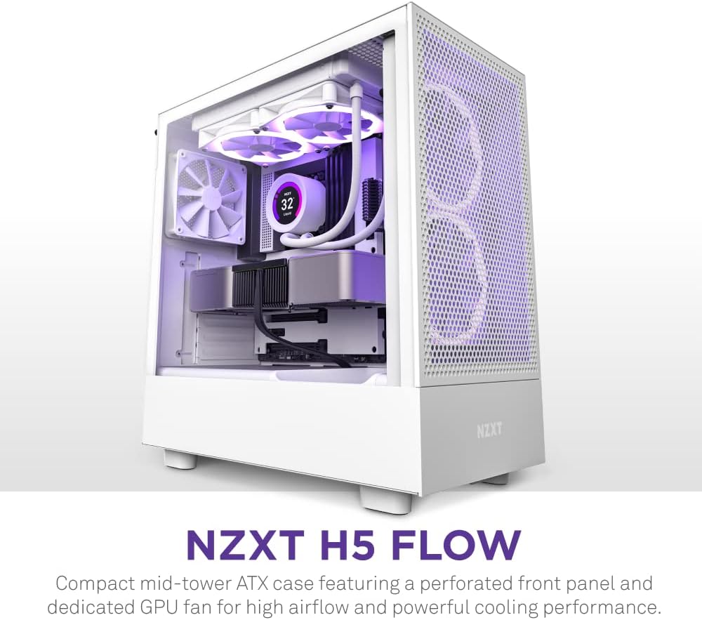 NZXT H5 Flow Compact ATX Mid-Tower PC Gaming Case – High Airflow Perforated Front and Tempered Glass Side Panel – Cable Management – 2 x 120mm Fans Included – 280mm Radiator Support – White