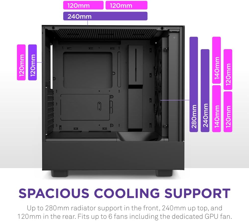NZXT H5 Flow RGB Compact ATX Mid-Tower PC Gaming Case – High Airflow Perforated Front Panel – Tempered Glass Side Panel – Cable Management – 2 x F140 RGB Core Fans – 280mm Radiator Support – Black