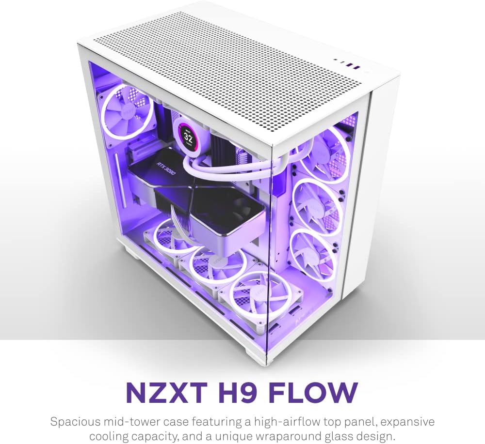 NZXT H9 Elite Dual-Chamber ATX Mid-Tower PC Gaming Case – Includes 3 x 120mm F120 RGB Duo Fans with Controller– Glass Front, Top  Side Panels 360mm Radiator Support Cable Management White