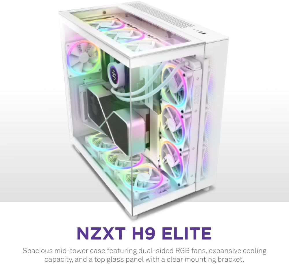 NZXT H9 Elite Dual-Chamber ATX Mid-Tower PC Gaming Case – Includes 3 x 120mm F120 RGB Duo Fans with Controller– Glass Front, Top  Side Panels 360mm Radiator Support Cable Management White