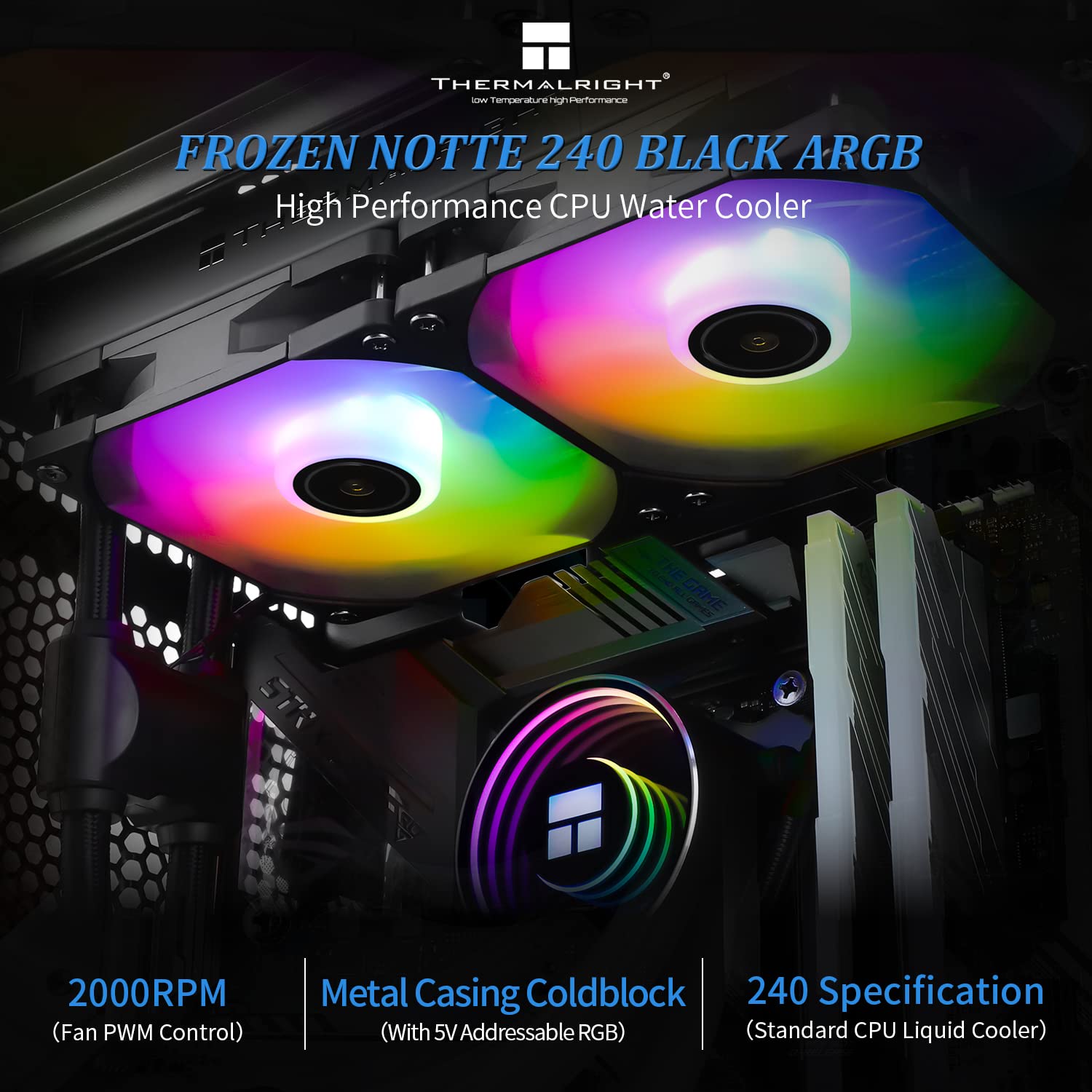 Thermalright Frozen Notte 240 Black ARGB Water Cooling CPU Cooler, 240Black CPU Cooler Specifications, Double PWM Fans, S-FDB V2 Bearings, Suitable for AMD/AM4 AM5,Intel LGA 1700/1150/1151/1200/2011
