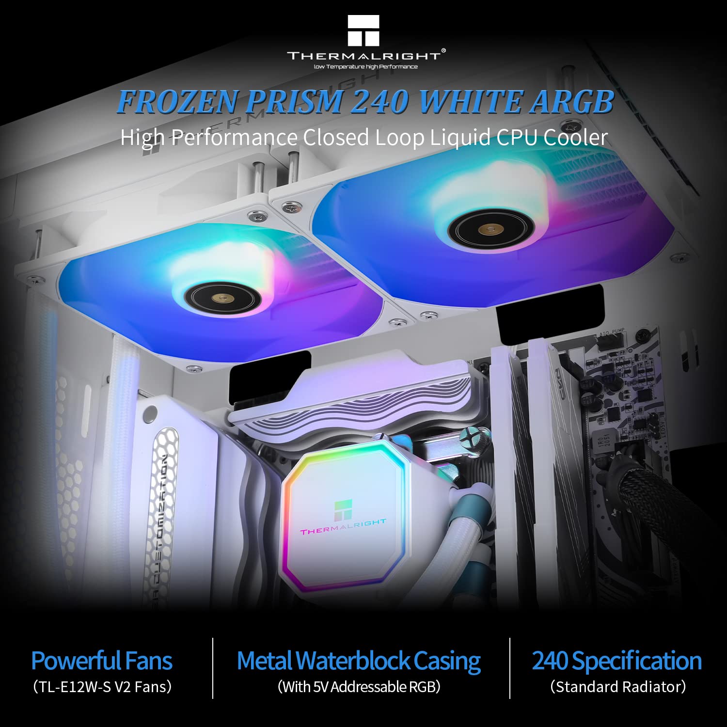 Thermalright Frozen Prism 240 Black ARGB CPU Liquid Cooler,Efficient PWM Controlled Pump 3300RPM,2×TL-E12 Series PWM Fan,Water Cooling Computer Parts,for AMD AM4/AM5,Intel 1150/1156/1200/1700/2011