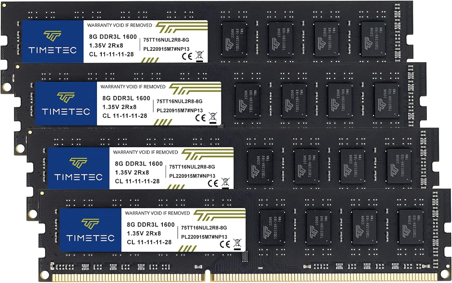 Timetec 32GB KIT(4x8GB) DDR3L / DDR3 1600MHz (DDR3L-1600) PC3L-12800 / PC3-12800 Non-ECC Unbuffered 1.35V/1.5V CL11 2Rx8 Dual Rank 240 Pin UDIMM Desktop PC Computer Memory RAM(SDRAM) Module Upgrade