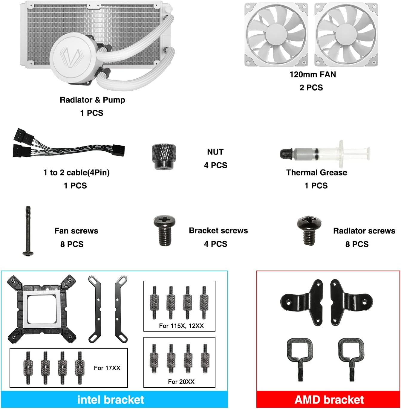 Vetroo V240 White Liquid CPU Cooler 240mm Addressable RGB  PWM Pump  Fans 250W TDP AIO Water Cooler w/Controller Hub for Intel LGA 1700/1200/115X AMD AM5/AM4 for Gaming Console