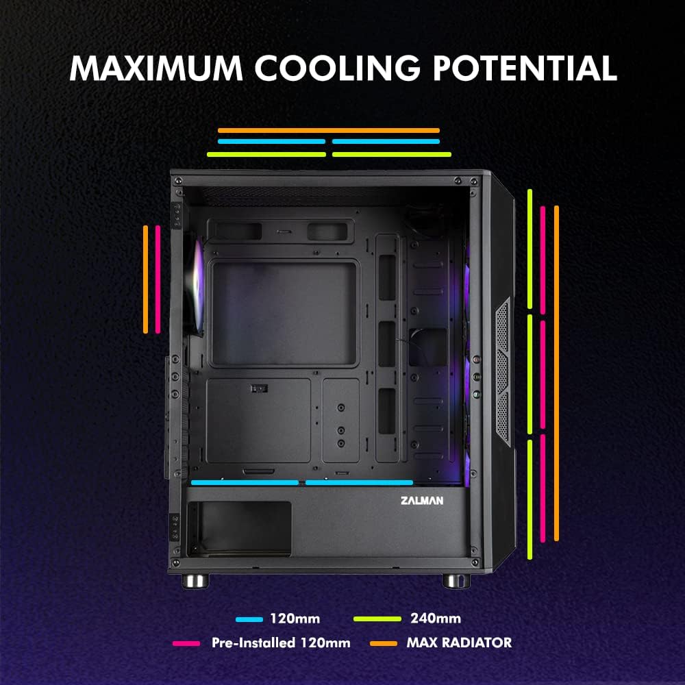 Zalman i3 NEO ATX Mid Tower Computer PC Case - 4 x 120mm Static RGB Fans Pre-Installed - Mesh Front Panel - Tempered Glass Side Panel, Black