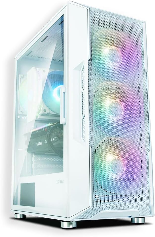 Zalman i3 NEO ATX Mid Tower Computer PC Case - 4 x 120mm Static RGB Fans Pre-Installed - Mesh Front Panel - Tempered Glass Side Panel, White