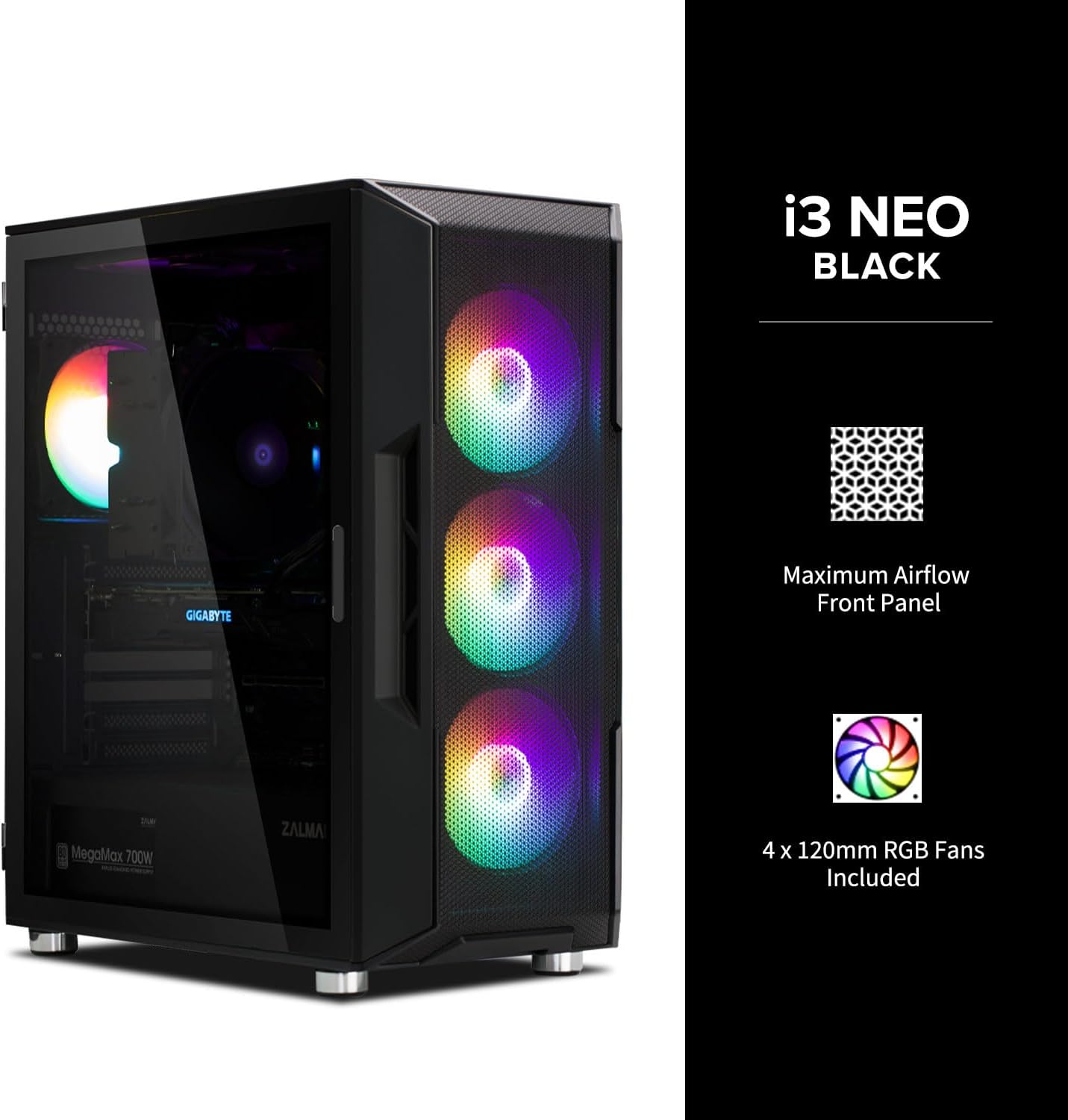 Zalman i3 NEO ATX Mid Tower Computer PC Case - 4 x 120mm Static RGB Fans Pre-Installed - Mesh Front Panel - Tempered Glass Side Panel, White