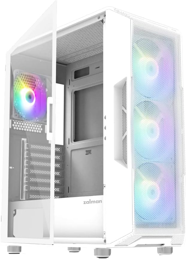 Zalman i3 NEO ATX Mid Tower Computer PC Case - 4 x 120mm Static RGB Fans Pre-Installed - Mesh Front Panel - Tempered Glass Side Panel, White